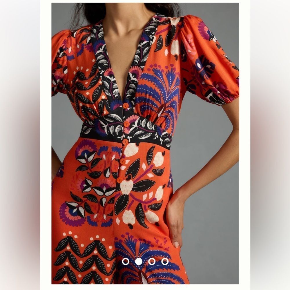 Farm Rio size Small by Anthropologie Rio Printed Deep-V Puff-Sleeve Jumpsuit - Picture 3 of 9